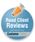 A blue button that says read client reviews powered by customer lobby.
